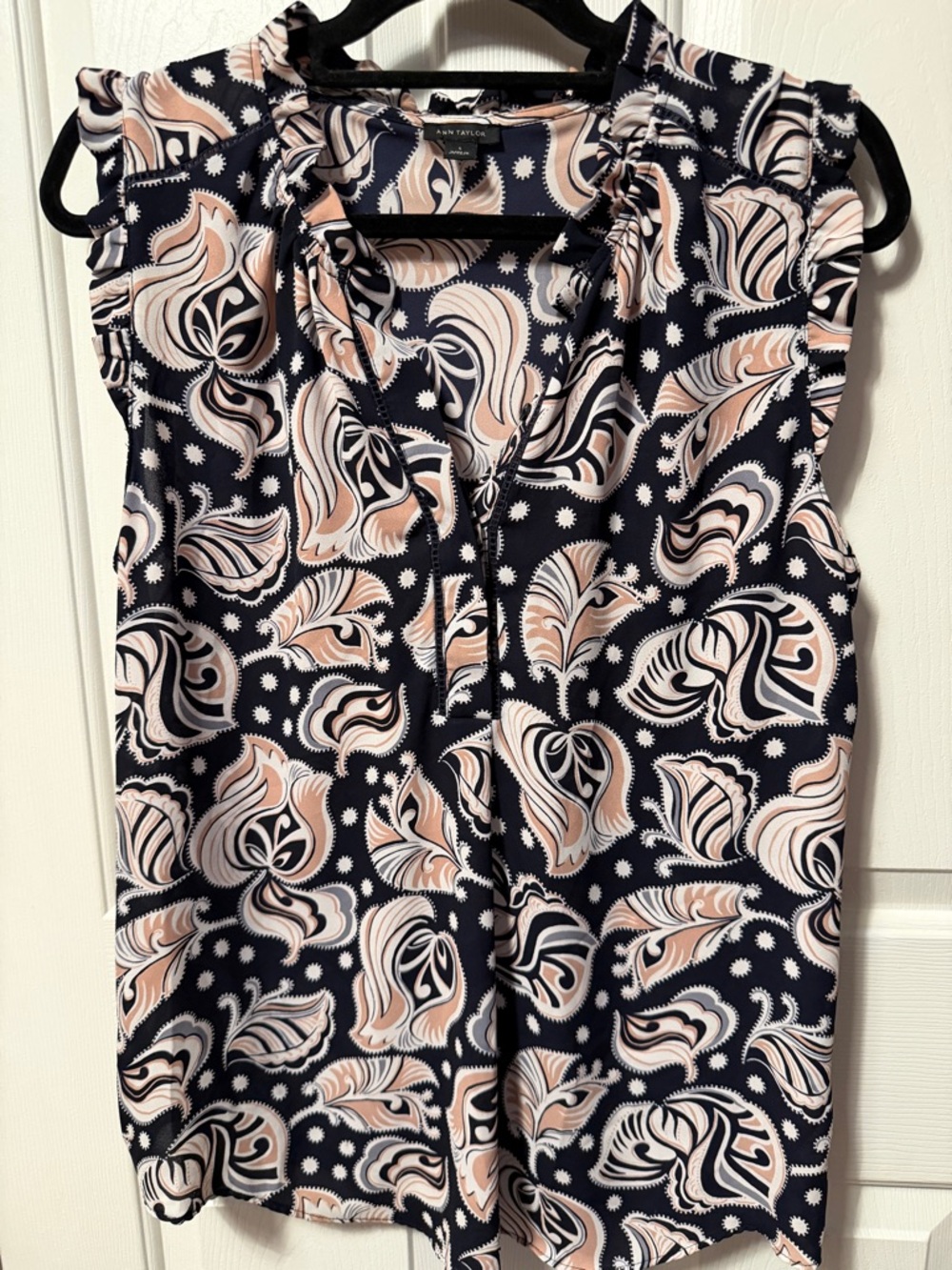 Ann Taylor Navy and Blush Paisley Sleeveless Tie-Neck Top